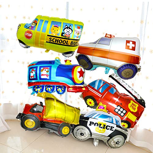 timecity 6pcs Car Balloons Big Construction Truck Fire Truck Train Ambulance Police Car School Bus Foil Balloons Vehicles Balloons for Kids Gifts Boys Birthday Party Supplies Cute Baby Shower Decor