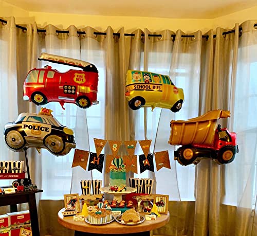 timecity 6pcs Car Balloons Big Construction Truck Fire Truck Train Ambulance Police Car School Bus Foil Balloons Vehicles Balloons for Kids Gifts Boys Birthday Party Supplies Cute Baby Shower Decor