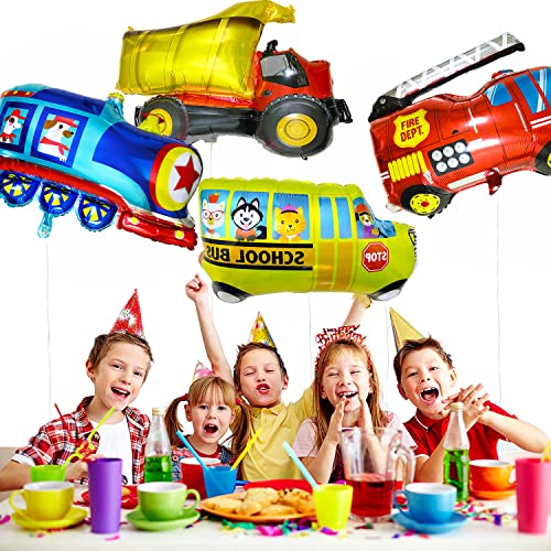 timecity 6pcs Car Balloons Big Construction Truck Fire Truck Train Ambulance Police Car School Bus Foil Balloons Vehicles Balloons for Kids Gifts Boys Birthday Party Supplies Cute Baby Shower Decor