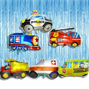 timecity 6pcs Car Balloons Big Construction Truck Fire Truck Train Ambulance Police Car School Bus Foil Balloons Vehicles Balloons for Kids Gifts Boys Birthday Party Supplies Cute Baby Shower Decor