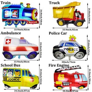 timecity 6pcs Car Balloons Big Construction Truck Fire Truck Train Ambulance Police Car School Bus Foil Balloons Vehicles Balloons for Kids Gifts Boys Birthday Party Supplies Cute Baby Shower Decor