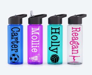 personalized 24 oz sports-themed water bottle tumbler with custom vinyl decal by avito - soccer, volleyball, baseball, cheer, dance, gymnastics, ballet, football, kids water bottle