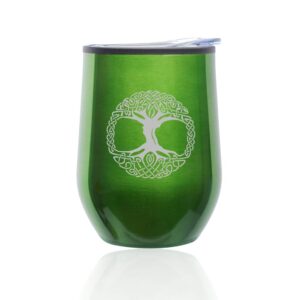 stemless wine tumbler coffee travel mug glass with lid celtic tree of life irish (green)