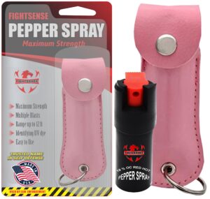 fightsense self defense pepper spray - 1/2 oz compact size maximum strength police grade formula best self defense tool for women w/leather pouch keychain (pink)