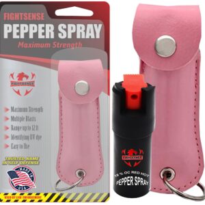 FIGHTSENSE Self Defense Pepper Spray - 1/2 oz Compact Size Maximum Strength Police Grade Formula Best Self Defense Tool for Women W/Leather Pouch Keychain (Pink)