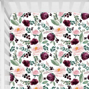 sahaler floral crib sheet for girl boy baby fitted crib sheets for standard crib and toddle mattresses-pink wine floral