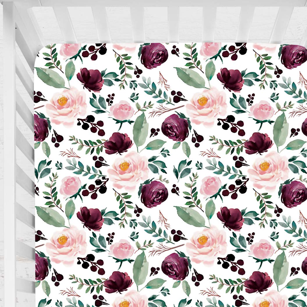 Sahaler Floral Crib Sheet for Girl Boy Baby Fitted Crib Sheets for Standard Crib and Toddle Mattresses-Pink Wine Floral