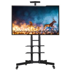 yaheetech adjustable mobile tv stand rolling tv cart mount universal fits 32 to 75 inch for lcd led plasma flat panel screen with locking wheels and storage shelves