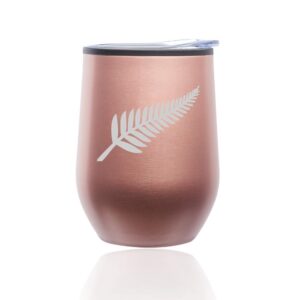 stemless wine tumbler coffee travel mug glass with lid new zealand silver fern (rose gold)