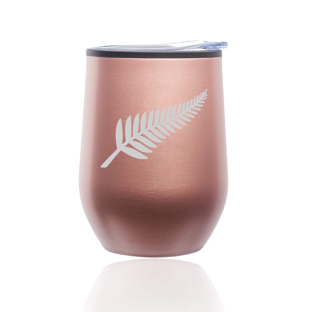 Stemless Wine Tumbler Coffee Travel Mug Glass With Lid New Zealand Silver Fern (Rose Gold)