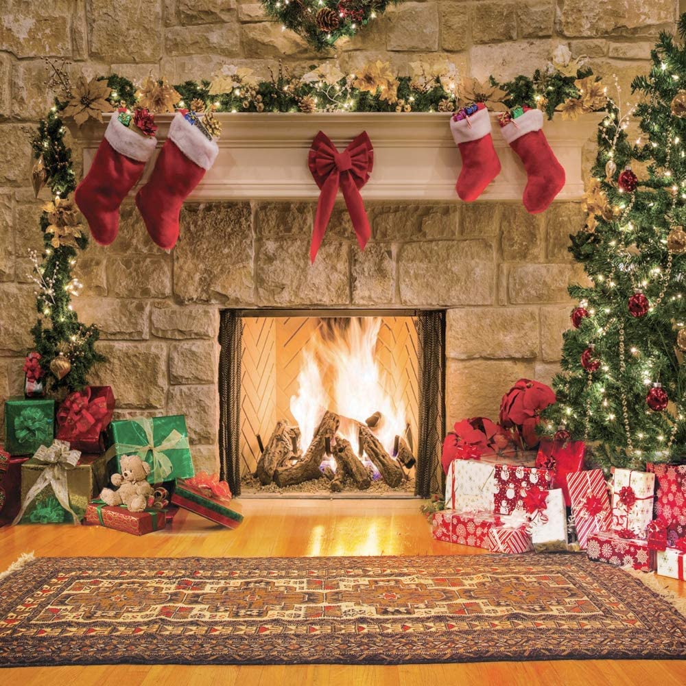 CYLYH 10x10 ft Christmas Photography Backdrops Christmas Fireplace Backdrop Child Christmas Party Decoration Background 087