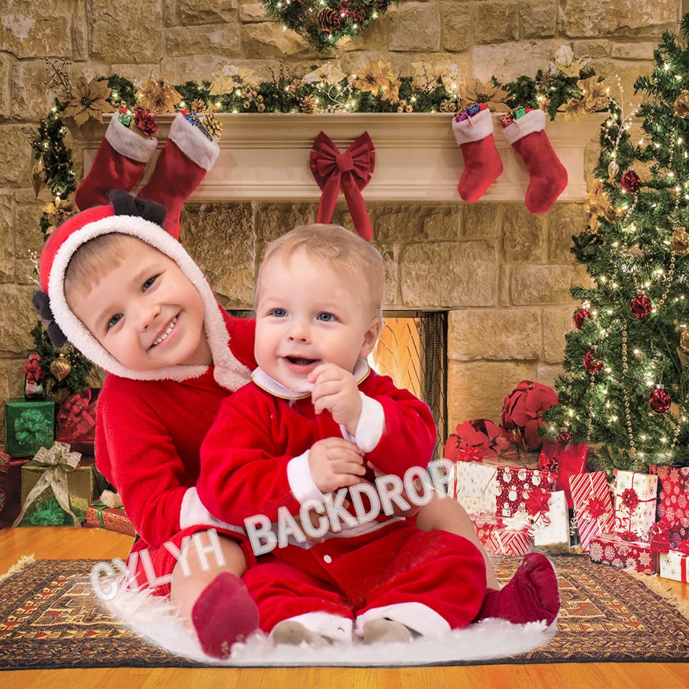 CYLYH 10x10 ft Christmas Photography Backdrops Christmas Fireplace Backdrop Child Christmas Party Decoration Background 087