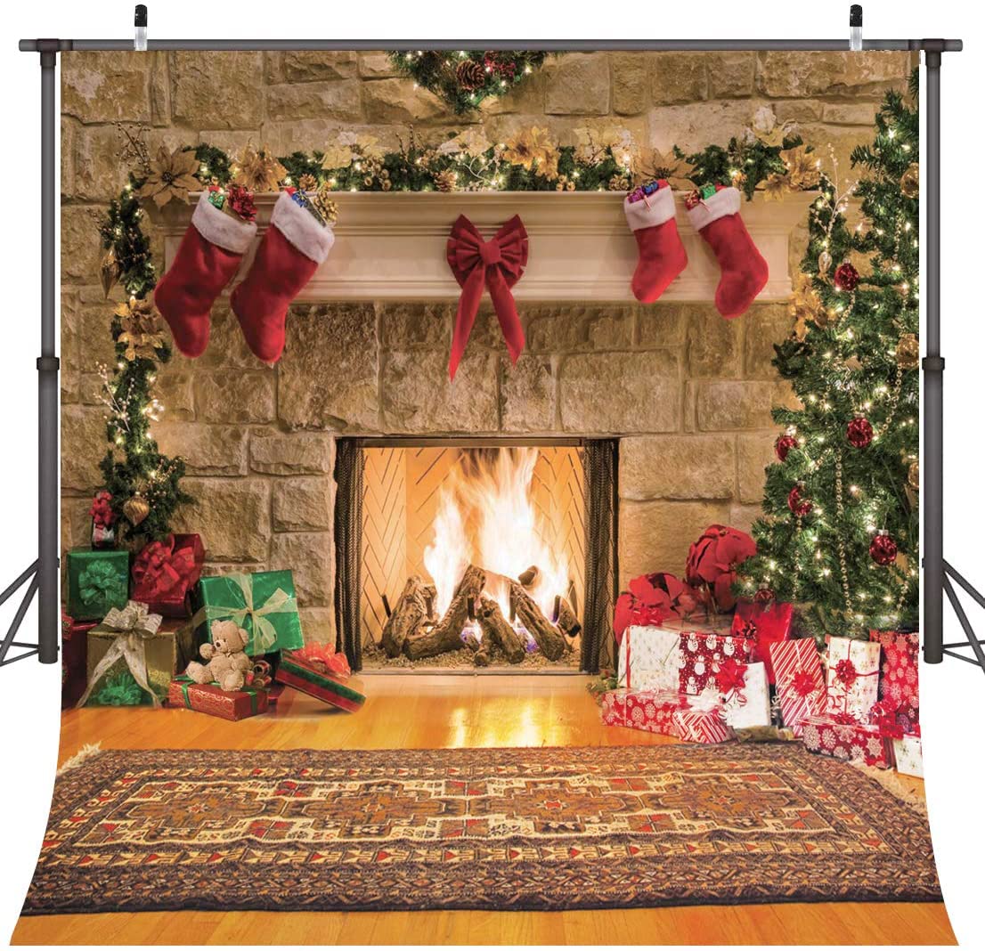 CYLYH 10x10 ft Christmas Photography Backdrops Christmas Fireplace Backdrop Child Christmas Party Decoration Background 087