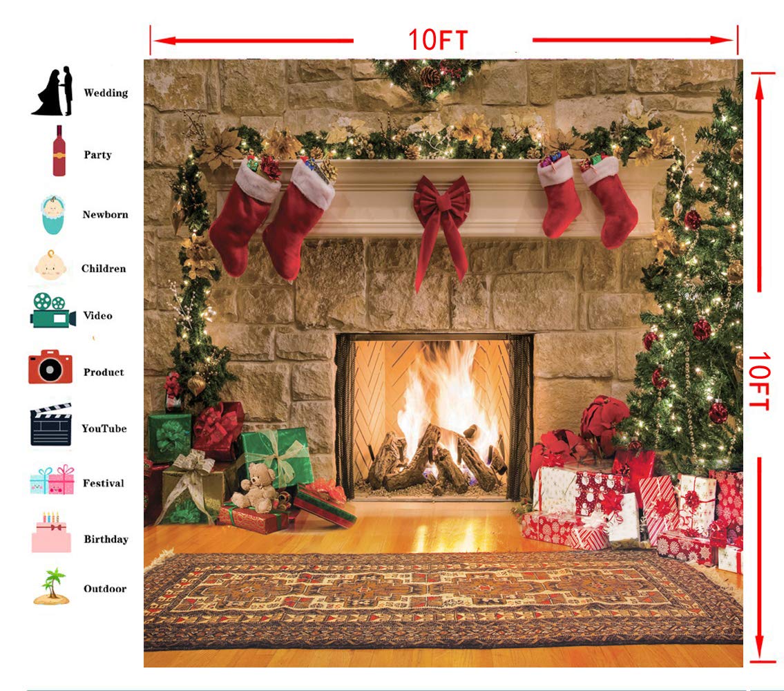 CYLYH 10x10 ft Christmas Photography Backdrops Christmas Fireplace Backdrop Child Christmas Party Decoration Background 087