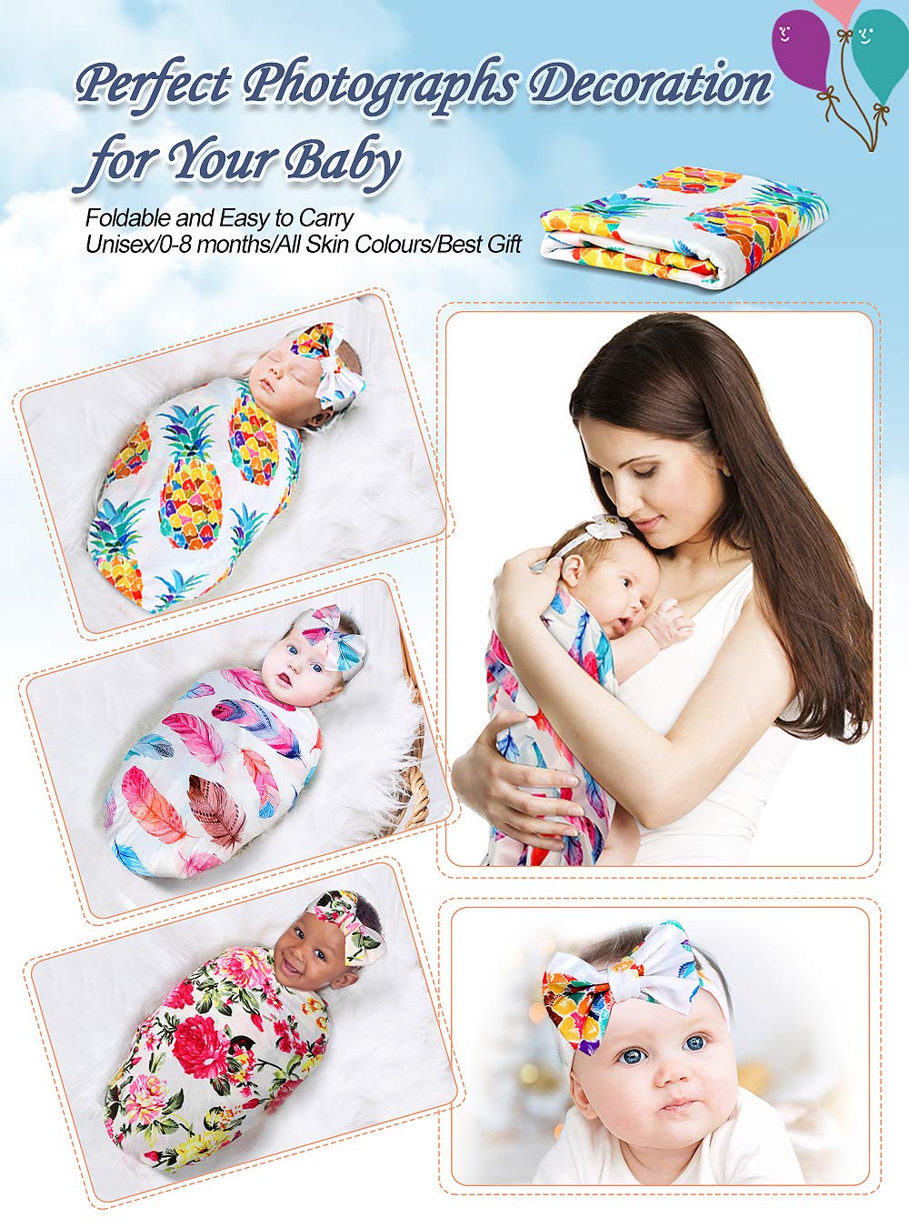 Newborn Receiving Blanket Headband Set - Unisex Soft Baby Swaddle Girl Boy Gifts