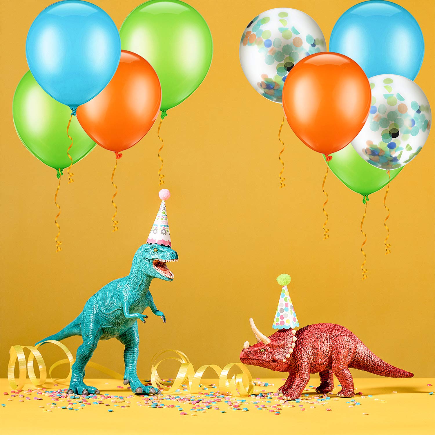 60 Pieces 12 Inch Orange Light Blue Fruit Green Latex Balloons with Confetti Balloon?Dinosaur Balloons and Ribbon for Jungle Jurassic Birthday Party Decorations Supplies