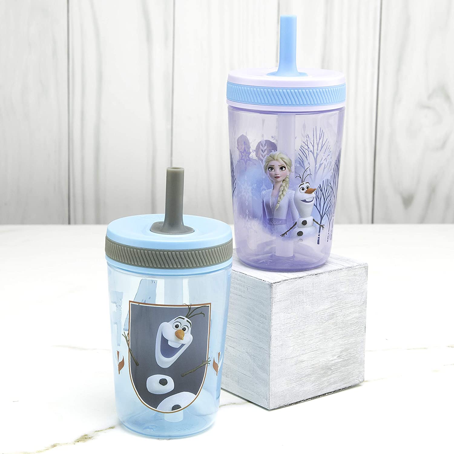 Zak Designs Disney Frozen II Movie Kelso Tumbler Set, Leak-Proof Screw-On Lid with Straw, Made of Durable Plastic and Silicone, Perfect Bundle for Kids (Frozen 2 Olaf, 15 oz, BPA-Free, 2pc Set)