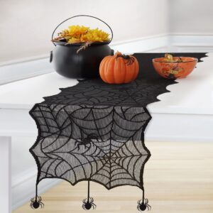 elrene home fashions crawling spider halloween lace table runner and mantle scarf, seasonal halloween table runner, 13" x 70", black