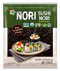 kimnori sushi nori seaweed sheets – 10 full size usda organic yaki roasted rolls wraps snack 100% natural laver gluten free no msg non gmo vegan kosher 25 gram 0.88 ounce 김 のり 海苔 紫菜