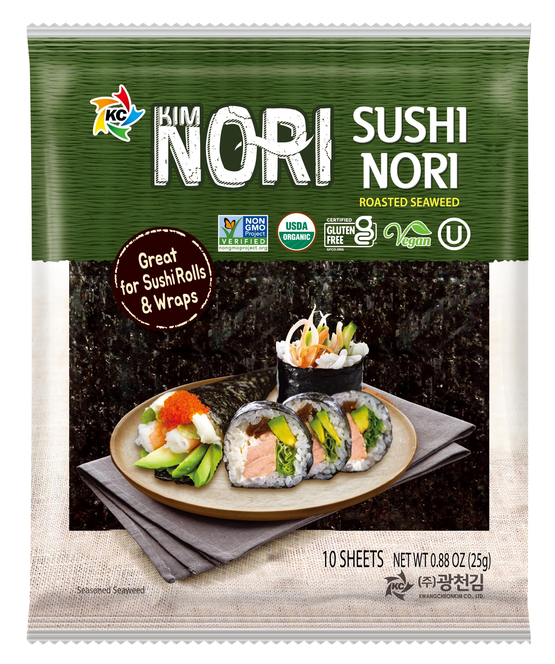 KIMNORI Sushi Nori Seaweed Sheets – 10 Full Size USDA Organic Yaki Roasted Rolls Wraps Snack 100% Natural Laver Gluten Free No MSG Non GMO Vegan Kosher 25 Gram 0.88 Ounce 김 のり 海苔 紫菜