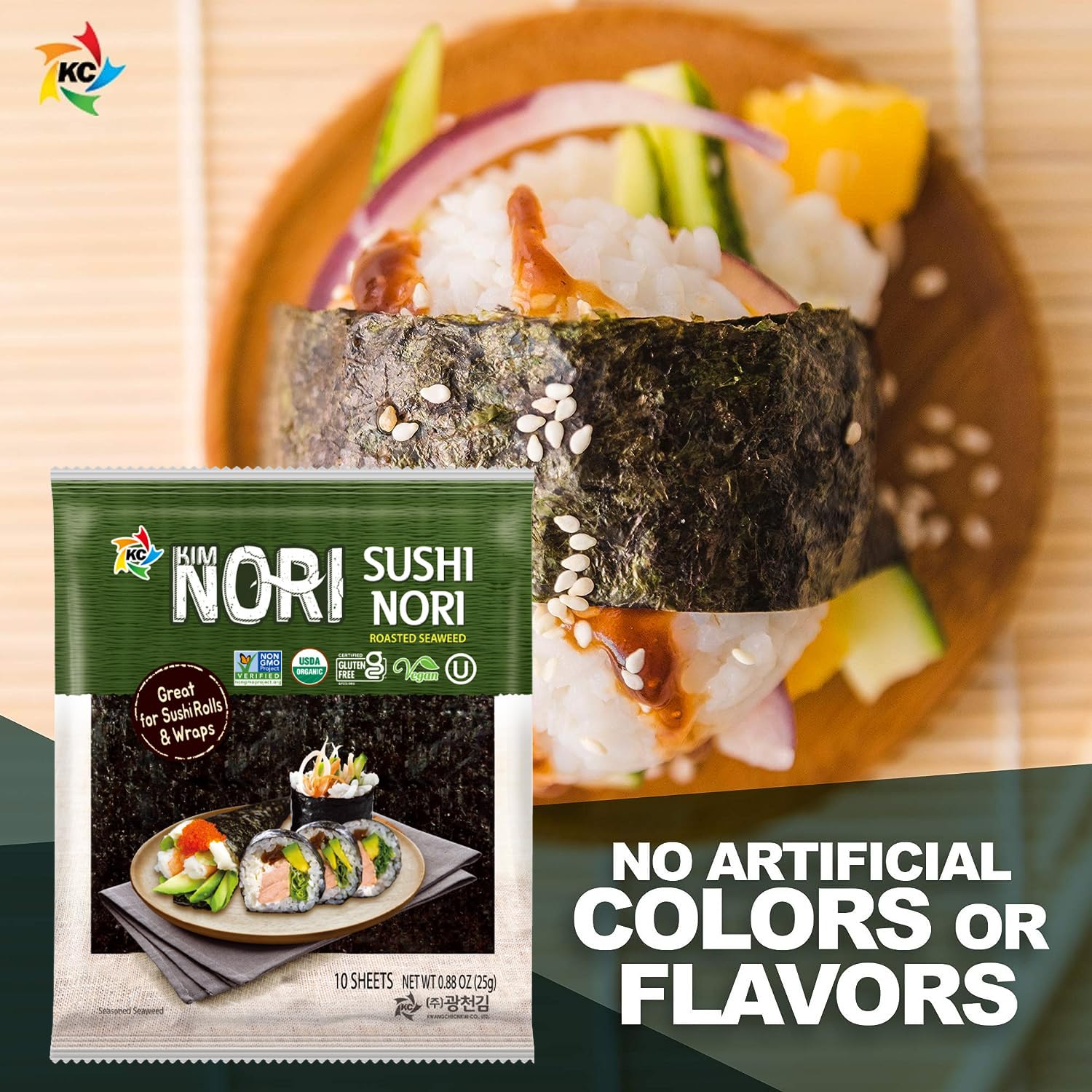 KIMNORI Sushi Nori Seaweed Sheets – 10 Full Size USDA Organic Yaki Roasted Rolls Wraps Snack 100% Natural Laver Gluten Free No MSG Non GMO Vegan Kosher 25 Gram 0.88 Ounce 김 のり 海苔 紫菜