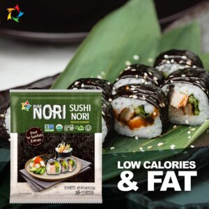 KIMNORI Sushi Nori Seaweed Sheets – 10 Full Size USDA Organic Yaki Roasted Rolls Wraps Snack 100% Natural Laver Gluten Free No MSG Non GMO Vegan Kosher 25 Gram 0.88 Ounce 김 のり 海苔 紫菜