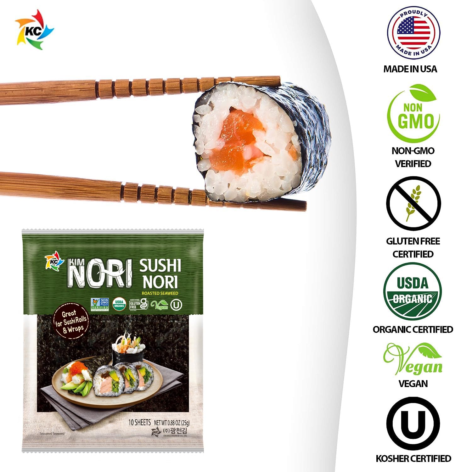 KIMNORI Sushi Nori Seaweed Sheets – 10 Full Size USDA Organic Yaki Roasted Rolls Wraps Snack 100% Natural Laver Gluten Free No MSG Non GMO Vegan Kosher 25 Gram 0.88 Ounce 김 のり 海苔 紫菜