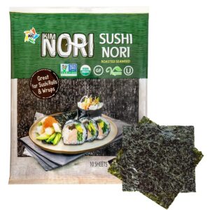 KIMNORI Sushi Nori Seaweed Sheets – 10 Full Size USDA Organic Yaki Roasted Rolls Wraps Snack 100% Natural Laver Gluten Free No MSG Non GMO Vegan Kosher 25 Gram 0.88 Ounce 김 のり 海苔 紫菜