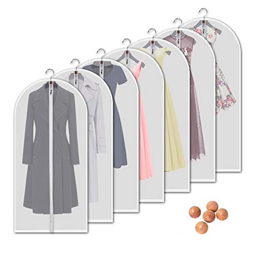 VOSIGREEN Hanging Garment Bags 7 Piece Set - 60 Inch Translucent Dust Proof Clothes Bag White Breathable Full Zipper Dust Cover for Suit Dance Costumes Gown Dress.