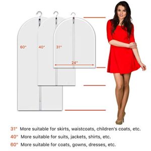 VOSIGREEN Hanging Garment Bags 7 Piece Set - 60 Inch Translucent Dust Proof Clothes Bag White Breathable Full Zipper Dust Cover for Suit Dance Costumes Gown Dress.