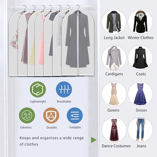VOSIGREEN Hanging Garment Bags 7 Piece Set - 60 Inch Translucent Dust Proof Clothes Bag White Breathable Full Zipper Dust Cover for Suit Dance Costumes Gown Dress.