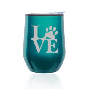 stemless wine tumbler coffee travel mug glass with lid love paw print (turquoise teal)