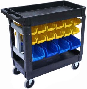 jegs heavy-duty utility cart | 32 storage bins | 500 lbs. capacity | rounded corners | includes (2) rigid casters, (2) swivel casters, (24) small bins, (8) large bins | 5 in. x 1 1/4 in. caster wheels