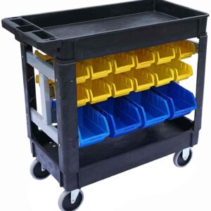 JEGS Heavy-Duty Utility Cart | 32 Storage Bins | 500 lbs. Capacity | Rounded Corners | Includes (2) Rigid Casters, (2) Swivel Casters, (24) Small Bins, (8) Large Bins | 5 in. x 1 1/4 in. Caster Wheels
