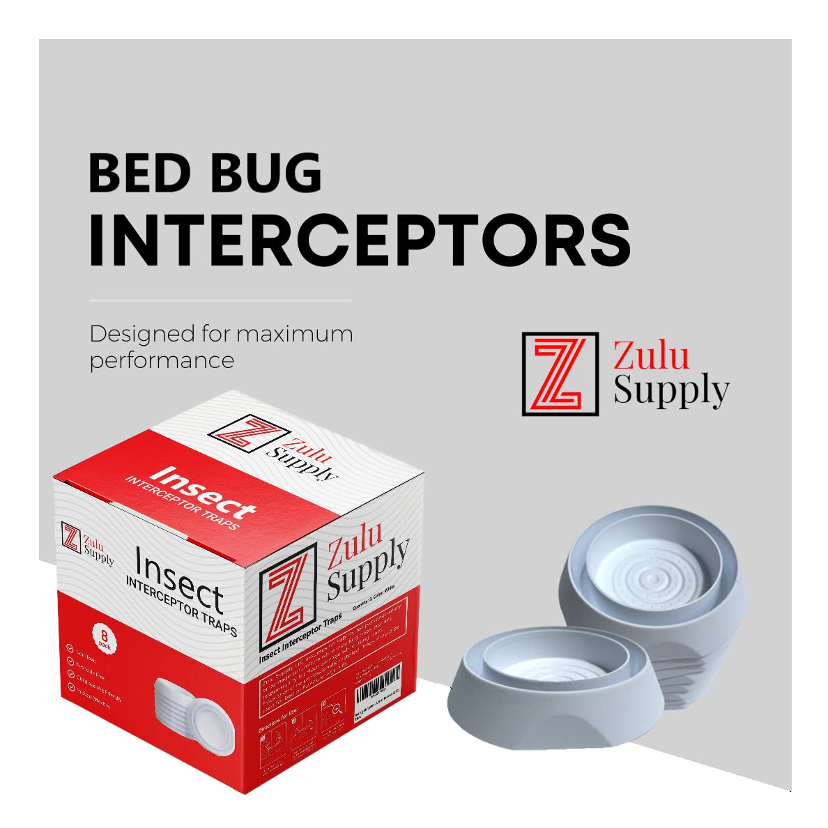 Zulu Supply Bed Bug Interceptors, Traps, 8 Pack, Bedbug Monitor, Insect Detector for Bed Legs or Furniture (White 8-Pack)