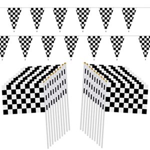 98ft checkered black & white pennant banner racing flags and 20pcs 11.8 inch racing flags with plastic sticks for racing party supplies by hrlorkc