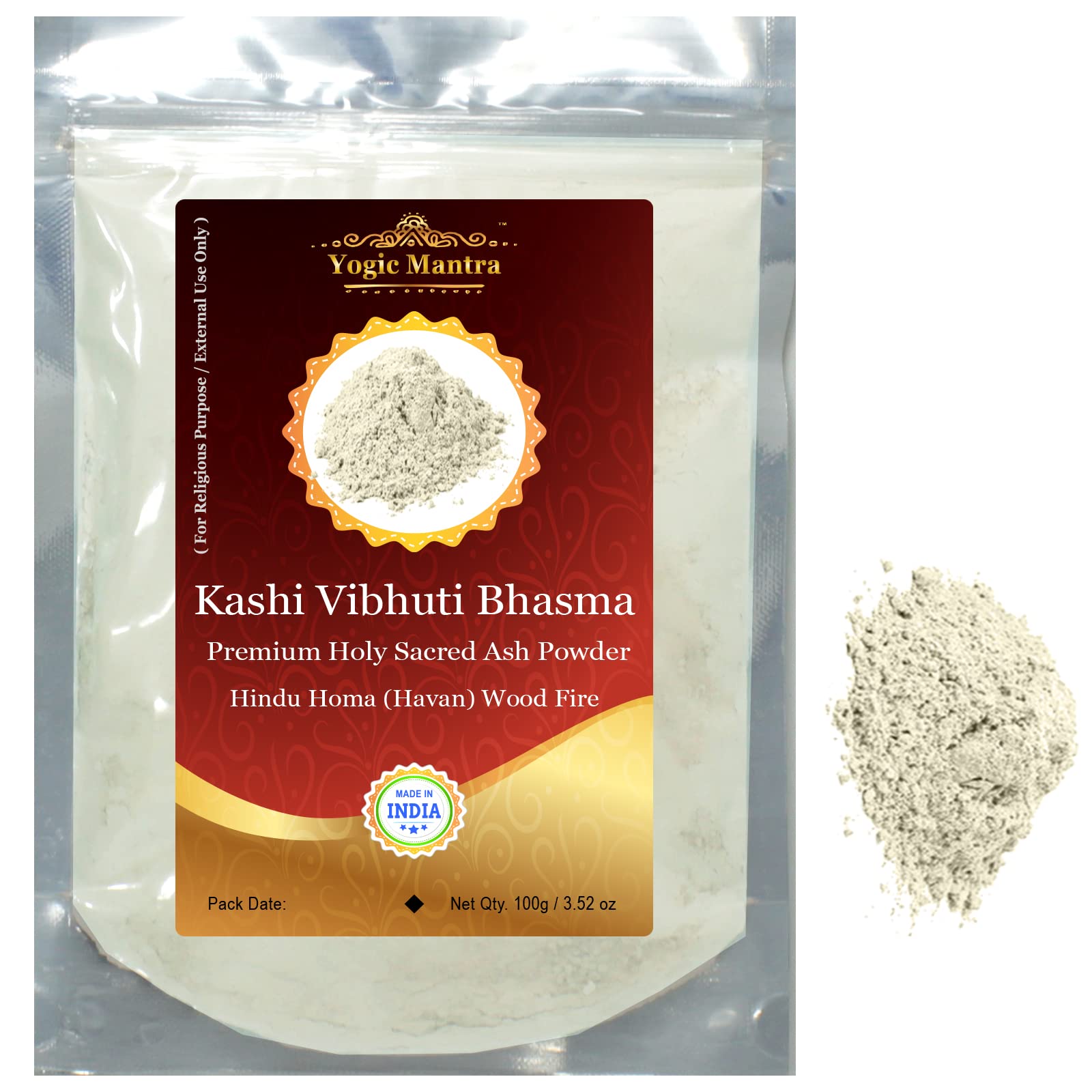 Yogic Mantra Kashi Vibhuti Powder Holy Ash Powder (100 g / 3.52 oz Sacred Ash Resealable Pouch Pack) Energized Vibhuti Bhasma for Hindu Holy Pooja Vidhi, Puja Items Samagri & Vibhooti Tripundra Tikka