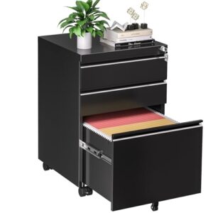 intergreat 3 drawer file cabinet, assembled metal filling cabinet with lock, locking office mobile cabinet with wheels for legal/letter size, under desk, fully assembled, black