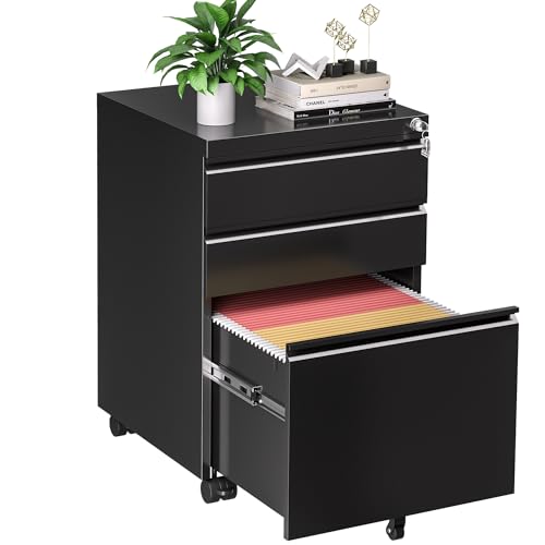 INTERGREAT 3 Drawer File Cabinet, Assembled Metal Filling Cabinet with Lock, Locking Office Mobile Cabinet with Wheels for Legal/Letter Size, Under Desk, Fully Assembled, Black