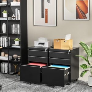 INTERGREAT 3 Drawer File Cabinet, Assembled Metal Filling Cabinet with Lock, Locking Office Mobile Cabinet with Wheels for Legal/Letter Size, Under Desk, Fully Assembled, Black