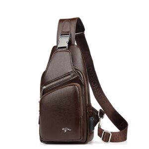 elonglin men's pu leather sling bag multipurpose daypack shoulder chest crossbody bag with usb charging port brown 2