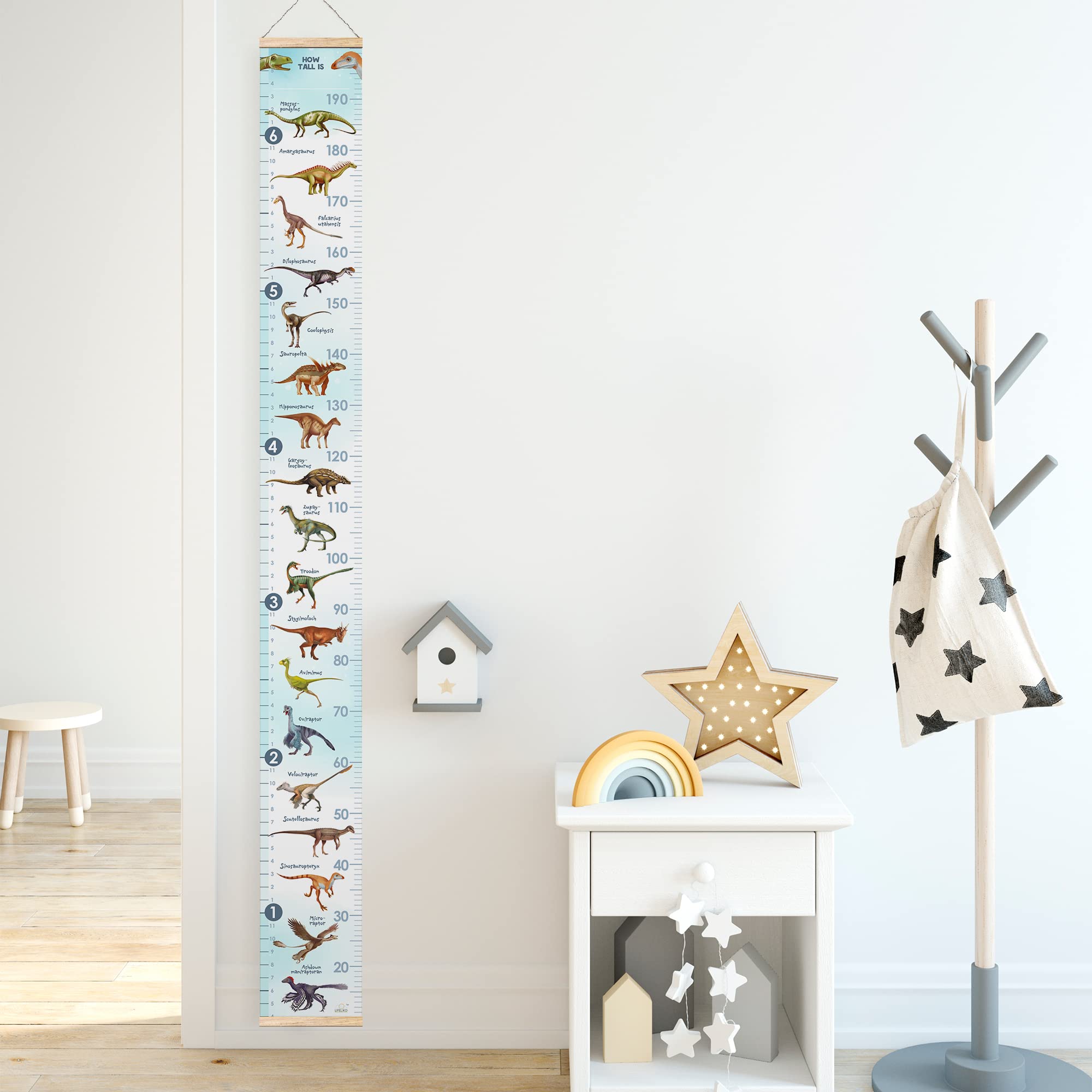 LIFELIKO Personalised Growth Chart for Dinosaur Lovers, Removable Wall Ruler for Boys and Girls, Kid’s Room Decoration (Blue)