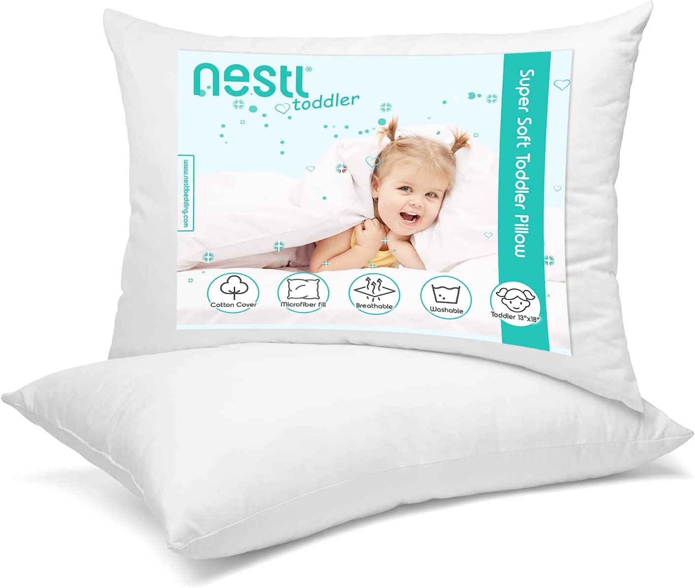 Nestl Kids Toddler Pillow - Baby Pillows for Sleeping - Small Pillow Set of 2 - Down Alternative 100% Cotton Pillow with Polyester Fiber Filling - Soft Pillow for Kids 13 x 18 Inches