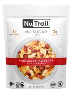 nutrail nut granola cereal, vanilla strawberry, no sugar added, keto, low carb, gluten free, grain free, healthy breakfast 8 oz. 1 count
