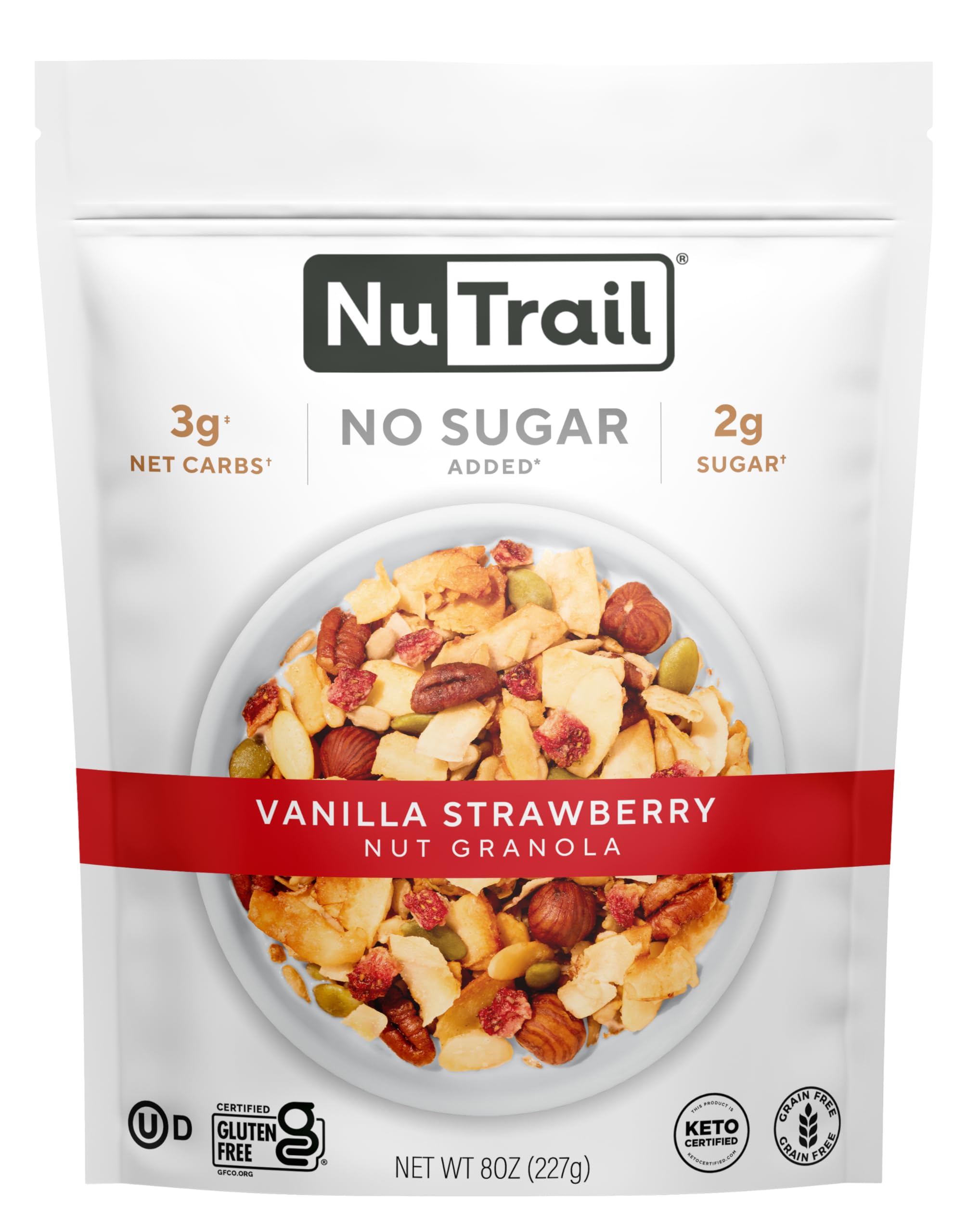 NuTrail Nut Granola Cereal, Vanilla Strawberry, No Sugar Added, Keto, Low Carb, Gluten Free, Grain Free, Healthy Breakfast 8 oz. 1 Count