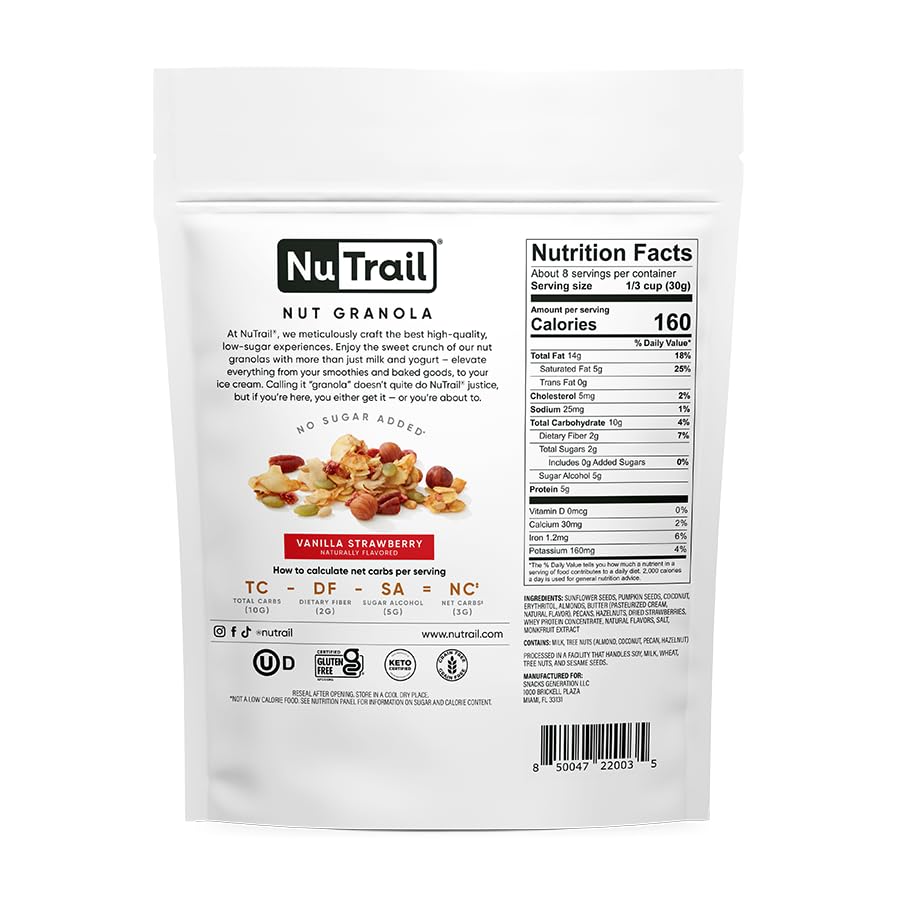 NuTrail Nut Granola Cereal, Vanilla Strawberry, No Sugar Added, Keto, Low Carb, Gluten Free, Grain Free, Healthy Breakfast 8 oz. 1 Count