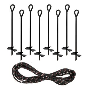 yesland 8 pack 15 inch black ground anchor, reusable heavy duty steel wind stakes, 3/8 inch thick in diameter with 25 feet of rope
