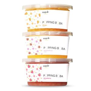 mayde bursting popping boba pearls, strawberry, mango, passion fruit - 3 flavor party kit (490 gms, 3 pack)