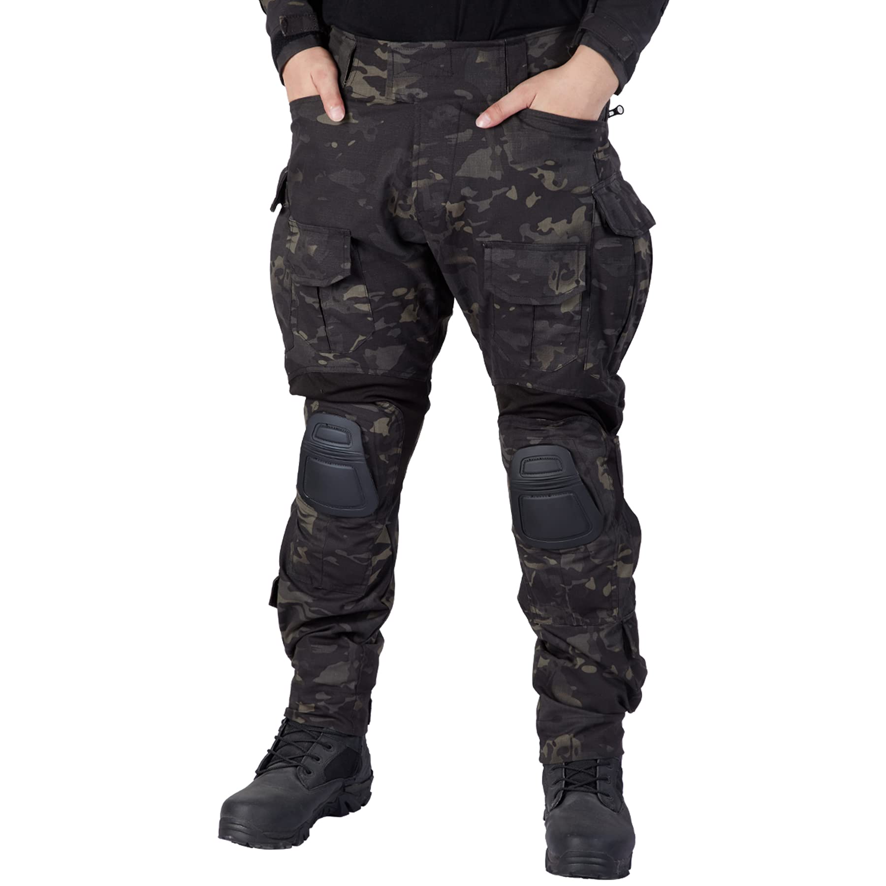 IDOGEAR G3 Combat Pants Multi-camo Men Pants with Knee Pads Tactical Camo Trousers (Multi-camo Black, 34W x 32L)