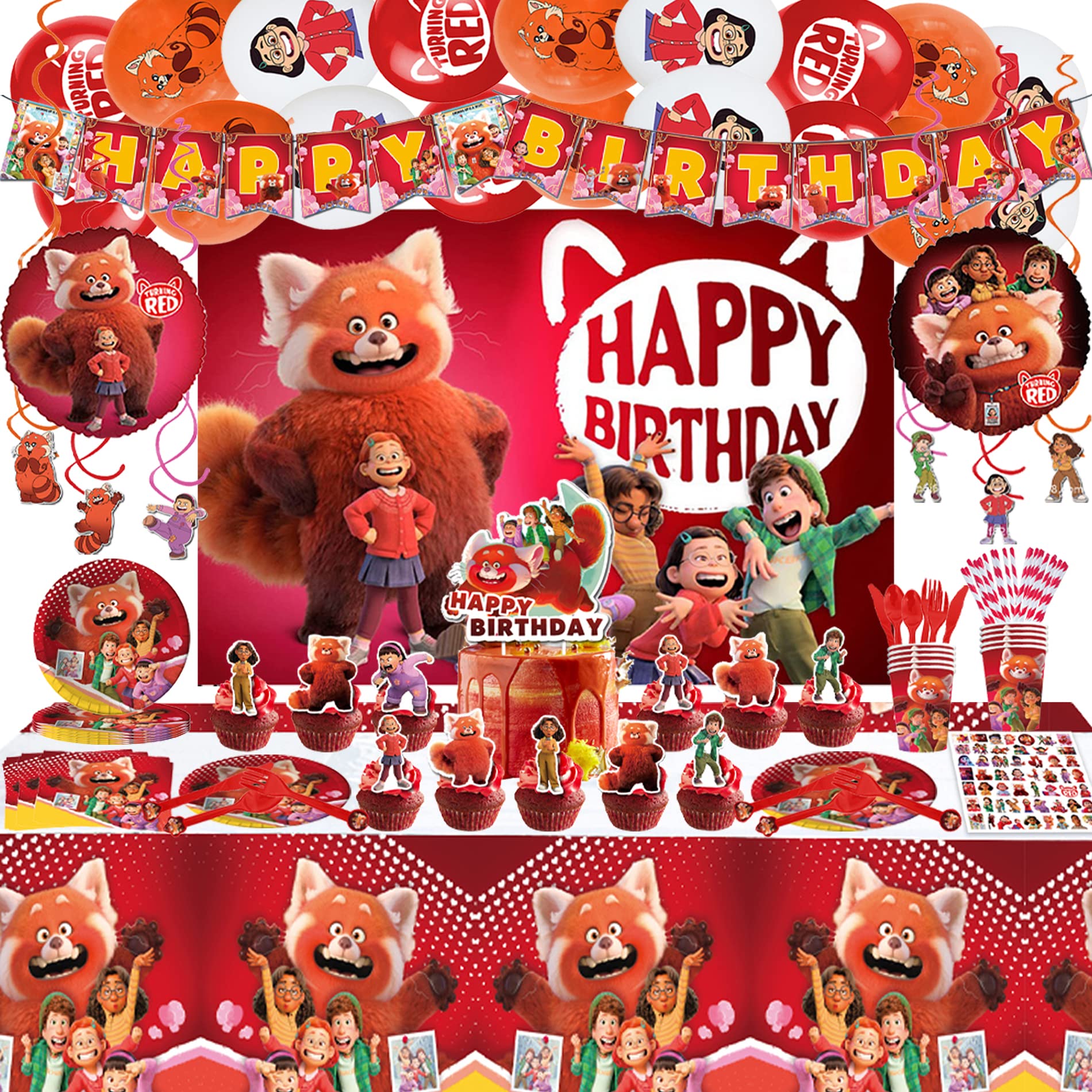 199Pcs Party Supplies, Red Party Decorations Red Party Favors Decorations Gift Set Cartoon Movie Decoration with Backdrop Cloth Flatwares Banner Balloon(Serves 10)